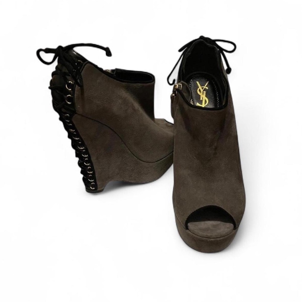 Yves Saint Laurent Brown Suede Peep-Toe Lace-Up Wedge Booties